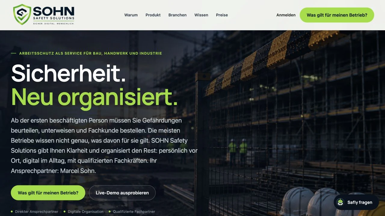 Startseite des beschriebenen Arbeitsschutzangebots