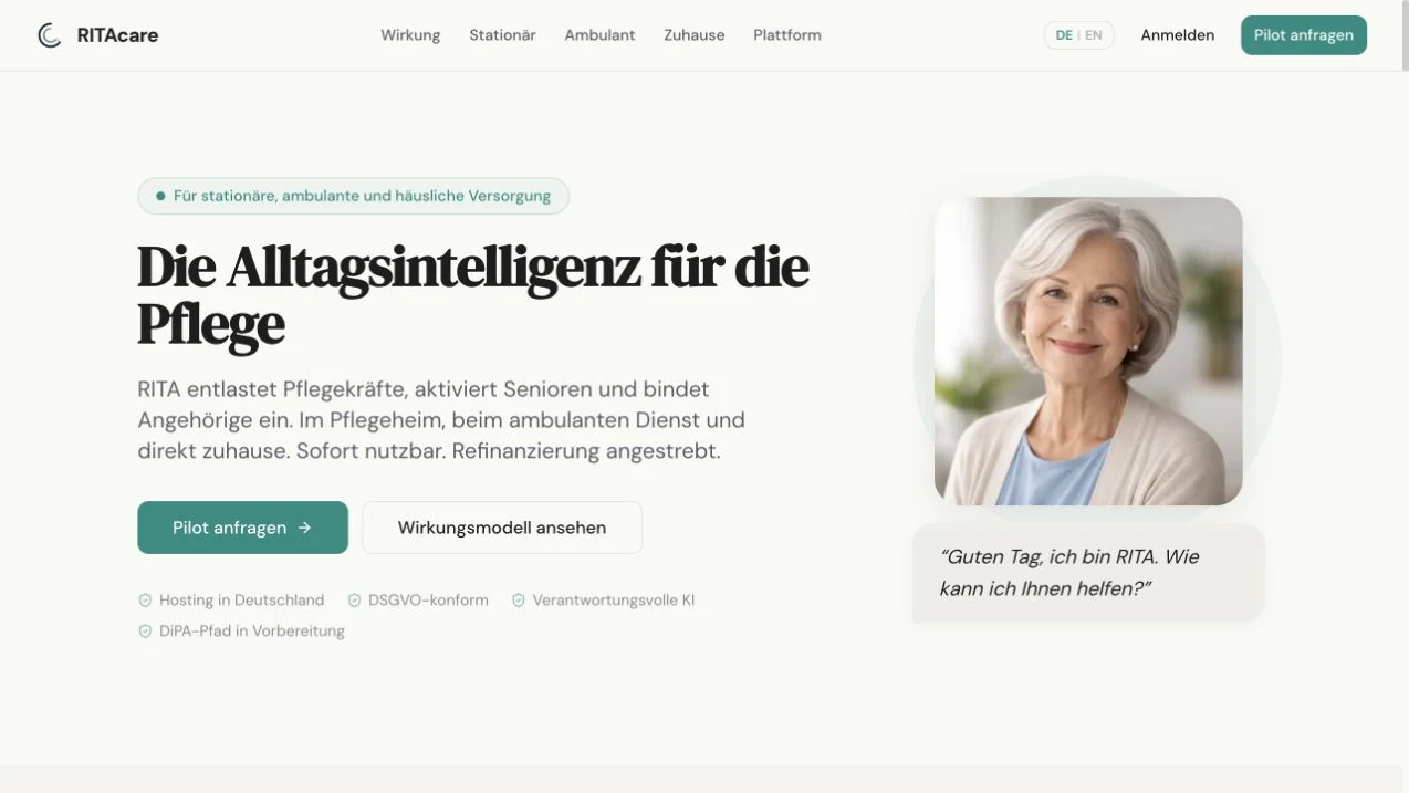 Screenshot der öffentlichen Startseite des beschriebenen Pflegeangebots, aufgenommen am 4. Oktober 2026