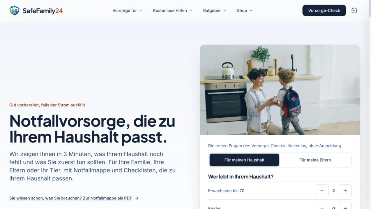 Screenshot der öffentlich sichtbaren Startseite von SafeFamily24, aufgenommen am 4. Oktober 2026