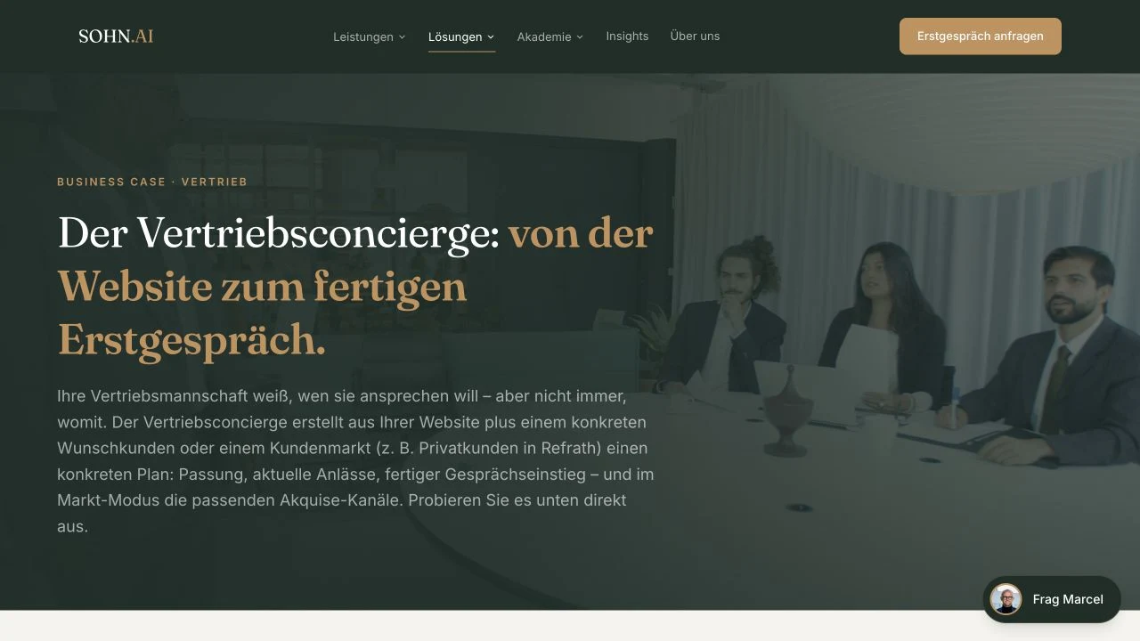 Screenshot der öffentlich sichtbaren Startseite von Vertriebsconcierge, aufgenommen am 4. Oktober 2026