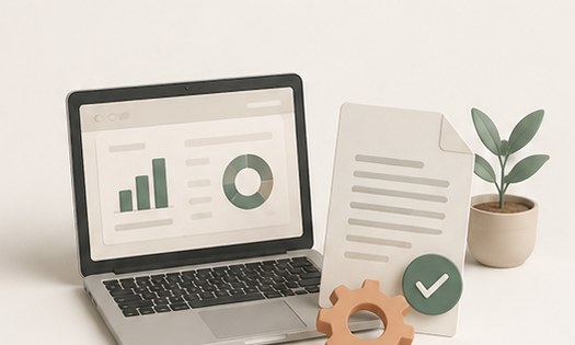 Illustration eines Laptops mit Diagrammen und geprüftem Dokument