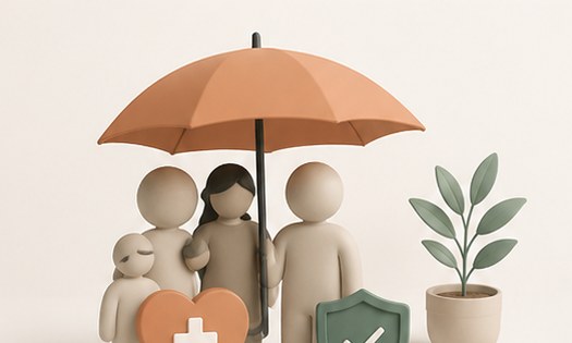 Illustration einer Familie unter einem schützenden Schirm mit Herz- und Schild-Symbol